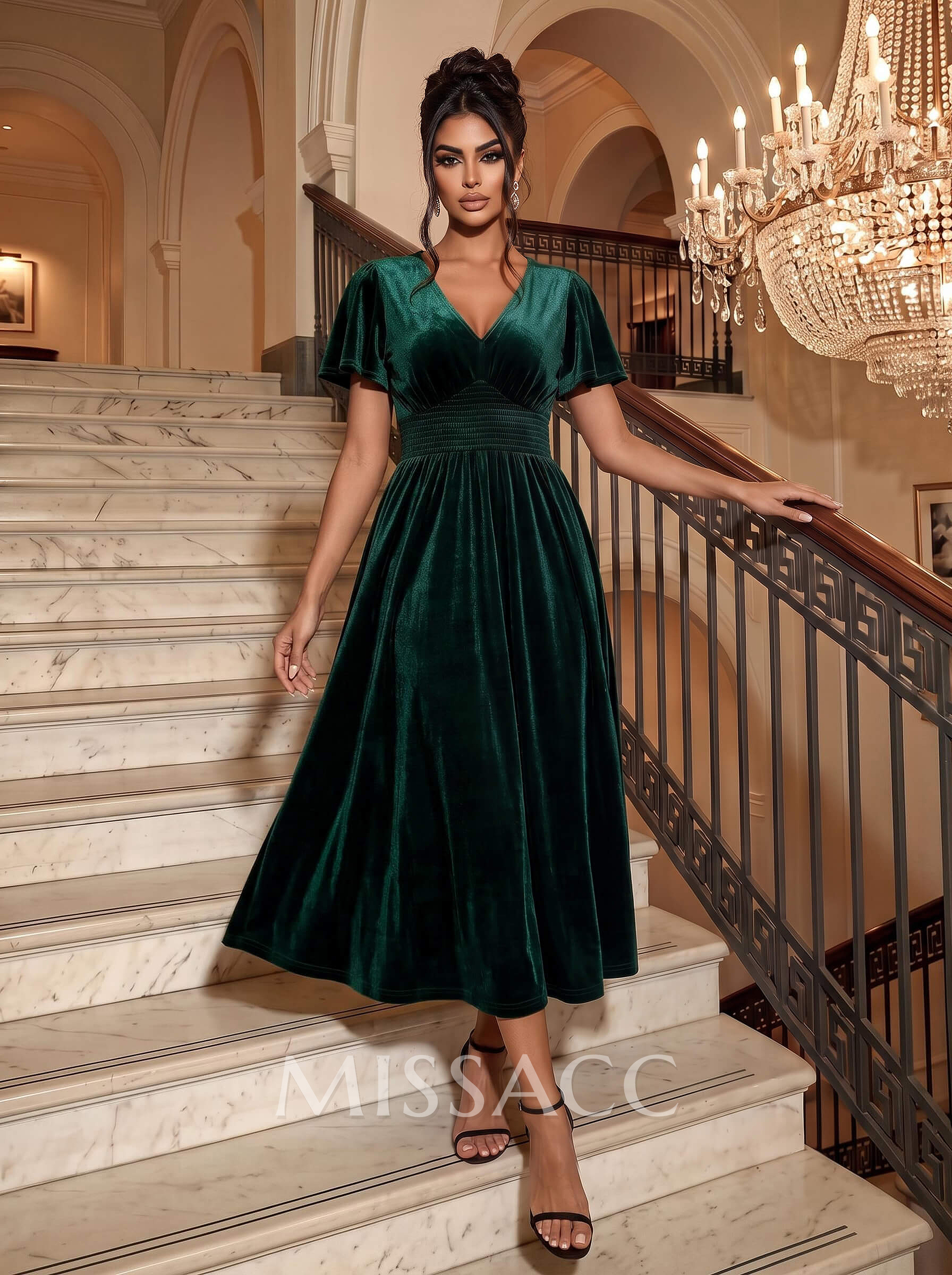 A-Line V-Neck Short Sleeves Tea-Length Velvet Cocktail Dresses With Pleated