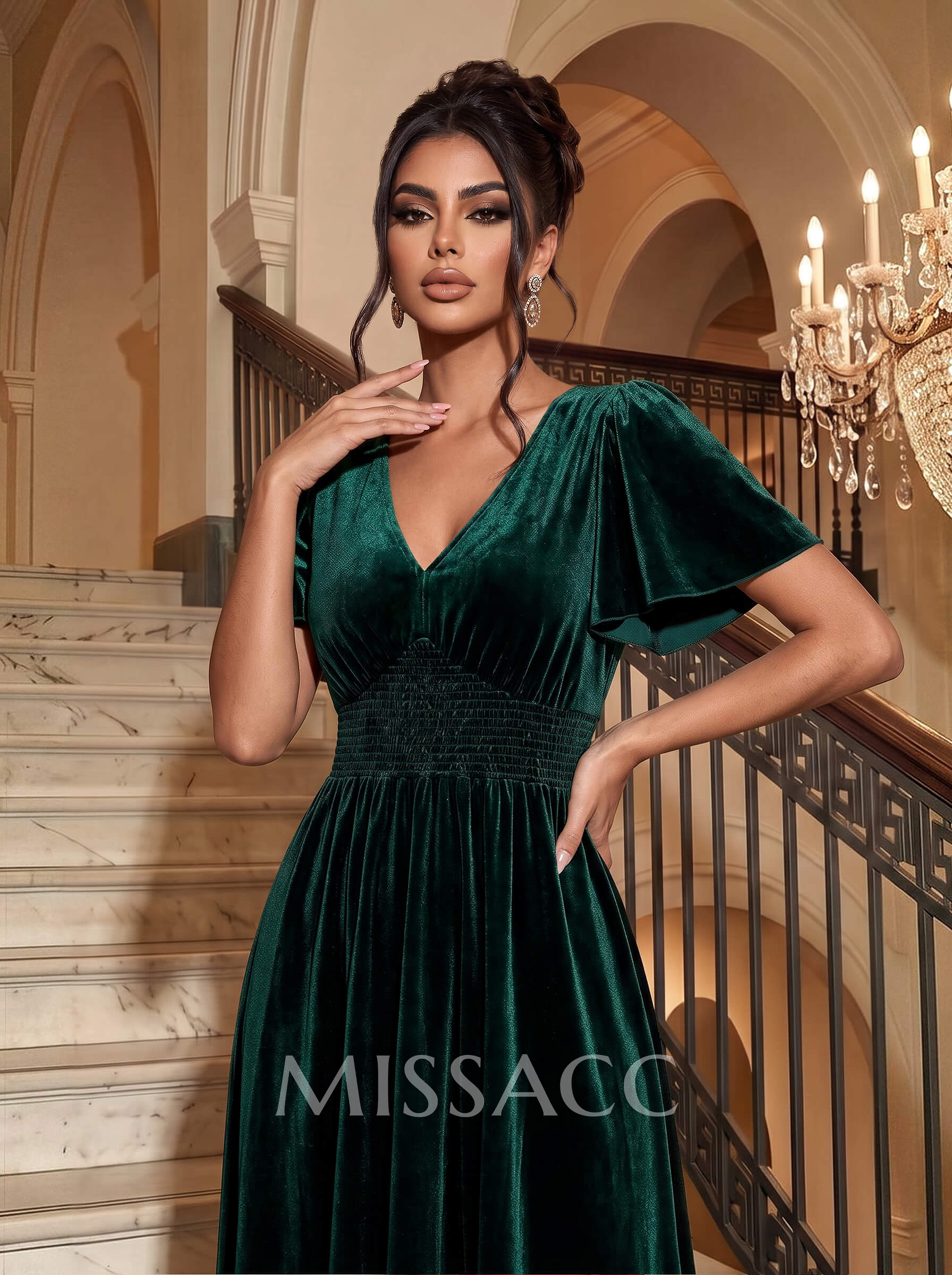 A-Line V-Neck Short Sleeves Tea-Length Velvet Cocktail Dresses With Pleated