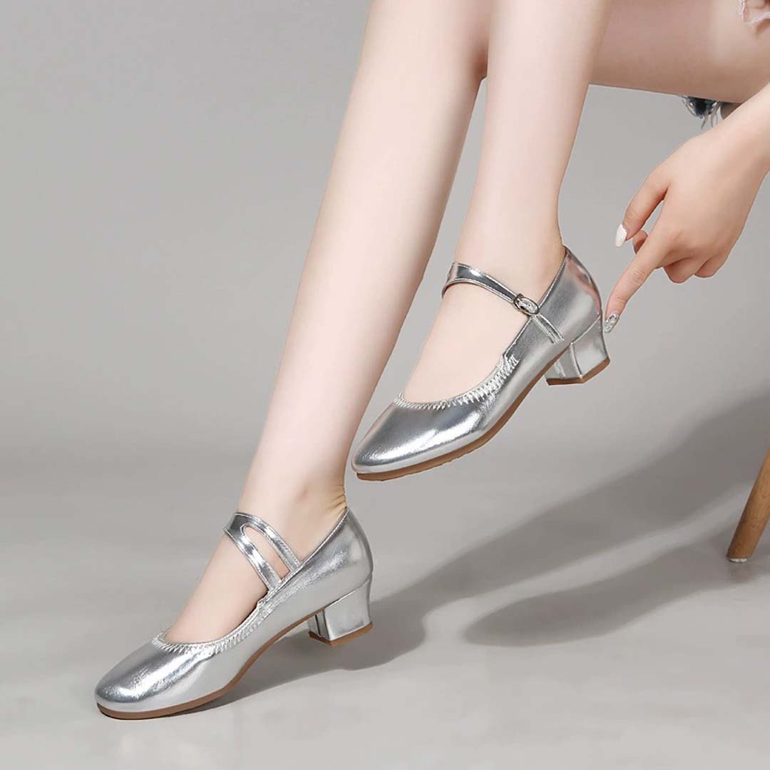 Round Toe Faux Leather Dance Shoes With Buckle And Block Heel
