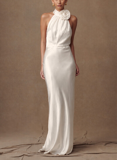 Sheath/Column Halterneck Sleeveless Sweep Train Stretch Satin Evening Dress With Open Back/Flower Detail