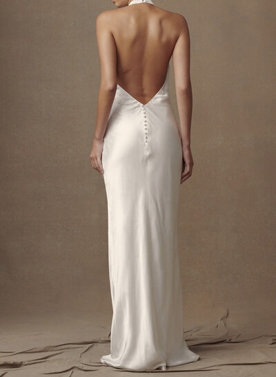 Sheath/Column Halterneck Sleeveless Sweep Train Stretch Satin Evening Dress With Open Back/Flower Detail