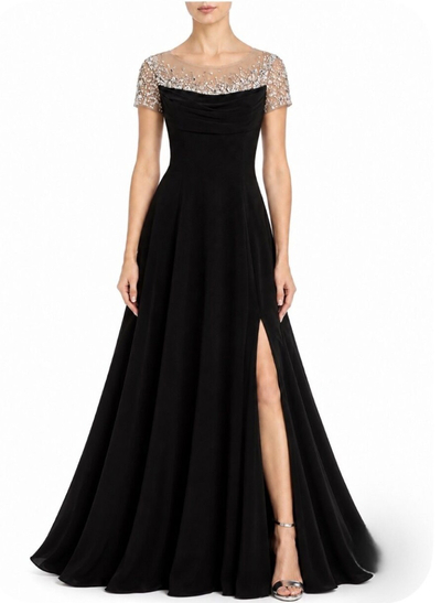 A-Line Scoop Neck Short Sleeve Floor-Length Chiffon/Tulle/Matte Satin Evening Dresses With Diamanté/High Slit