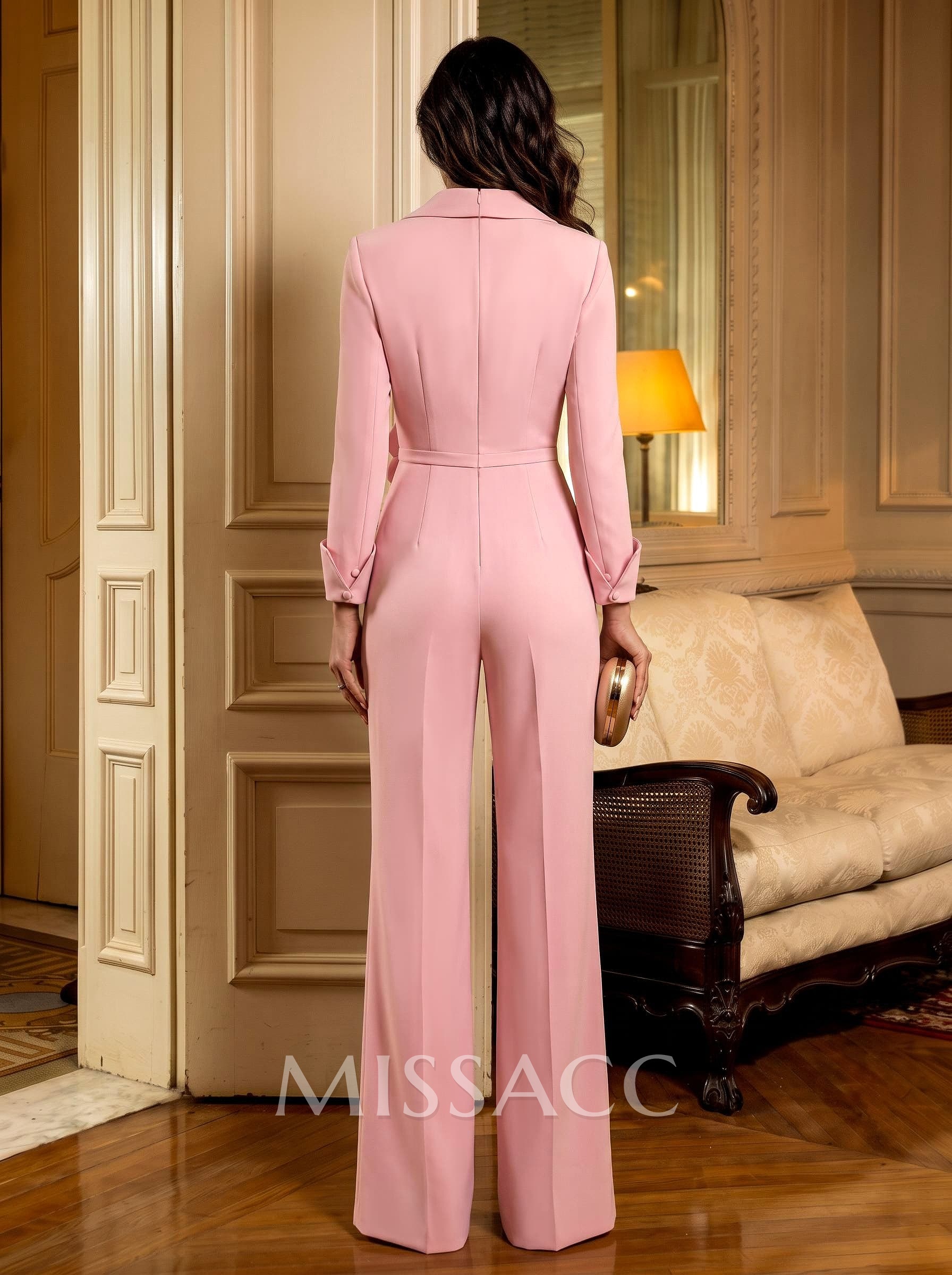 Jumpsuit/Pantsuit V-Neck Long Sleeves Floor-Length Elastic Satin Evening Dresses With Sash/Flower
