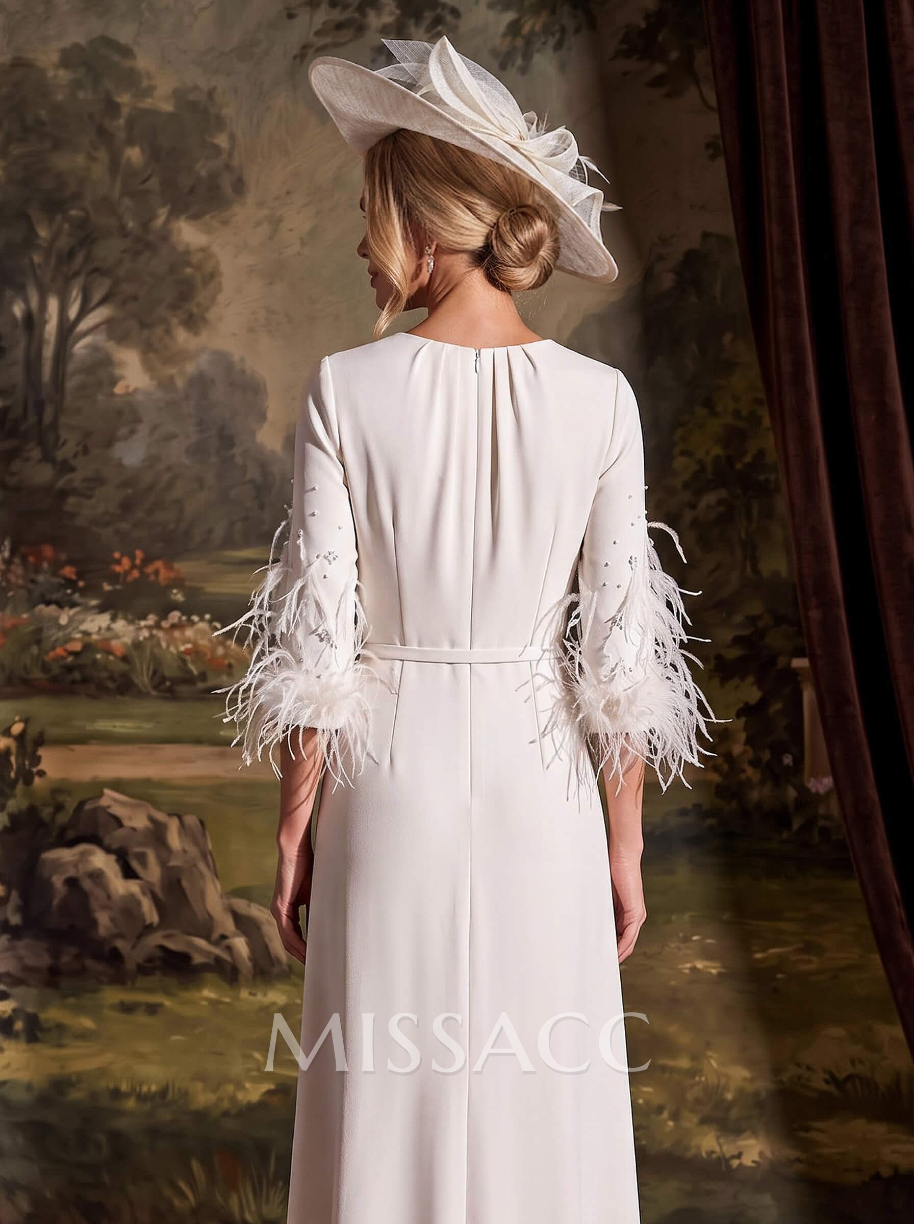 Jumpsuit/Pantsuit Scoop Neck 3/4 Sleeves Floor-Length Elastic Satin Evening Dresses With Sash/Overskirt Dress
