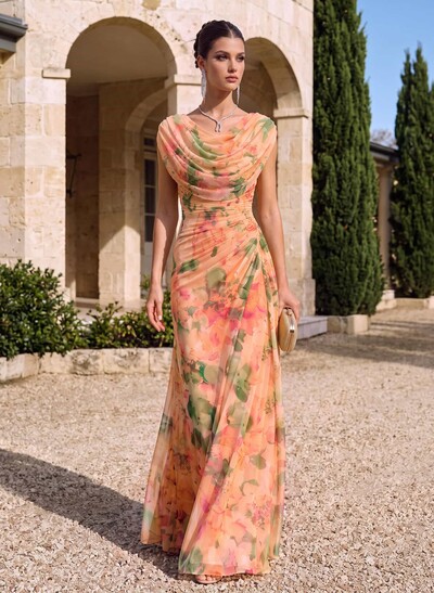 Sheath/Column Scoop Neck Short Sleeves Floor-Length Floral Chiffon Evening Dresses With Pleated/Floral-Print
