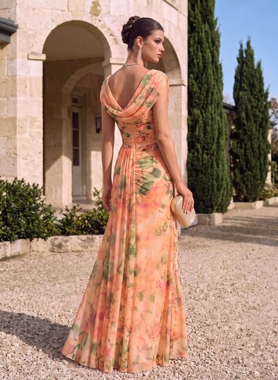 Sheath/Column Scoop Neck Short Sleeves Floor-Length Floral Chiffon Evening Dresses With Pleated/Floral-Print