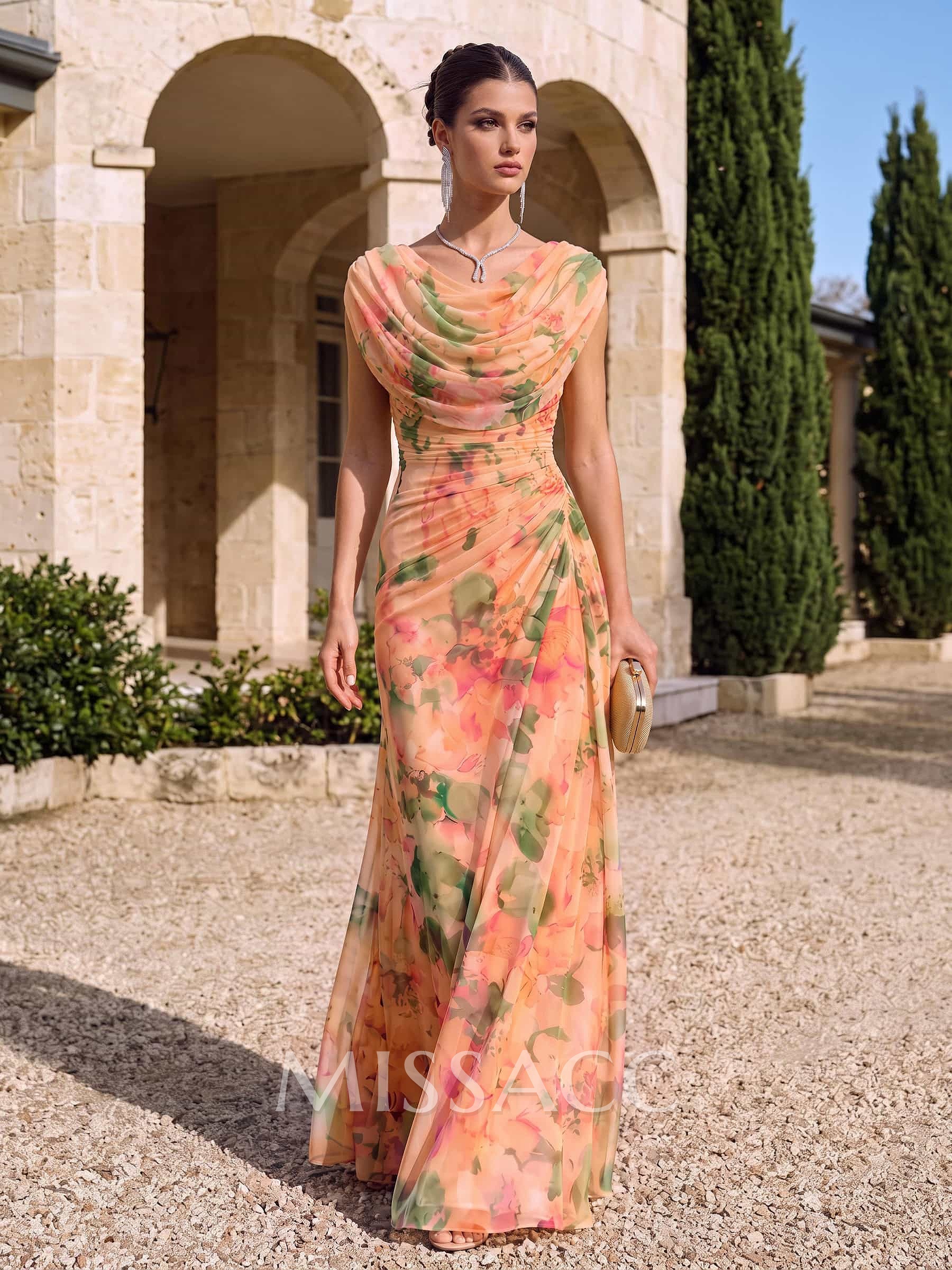 Sheath/Column Scoop Neck Short Sleeves Floor-Length Floral Chiffon Evening Dresses With Pleated/Floral-Print