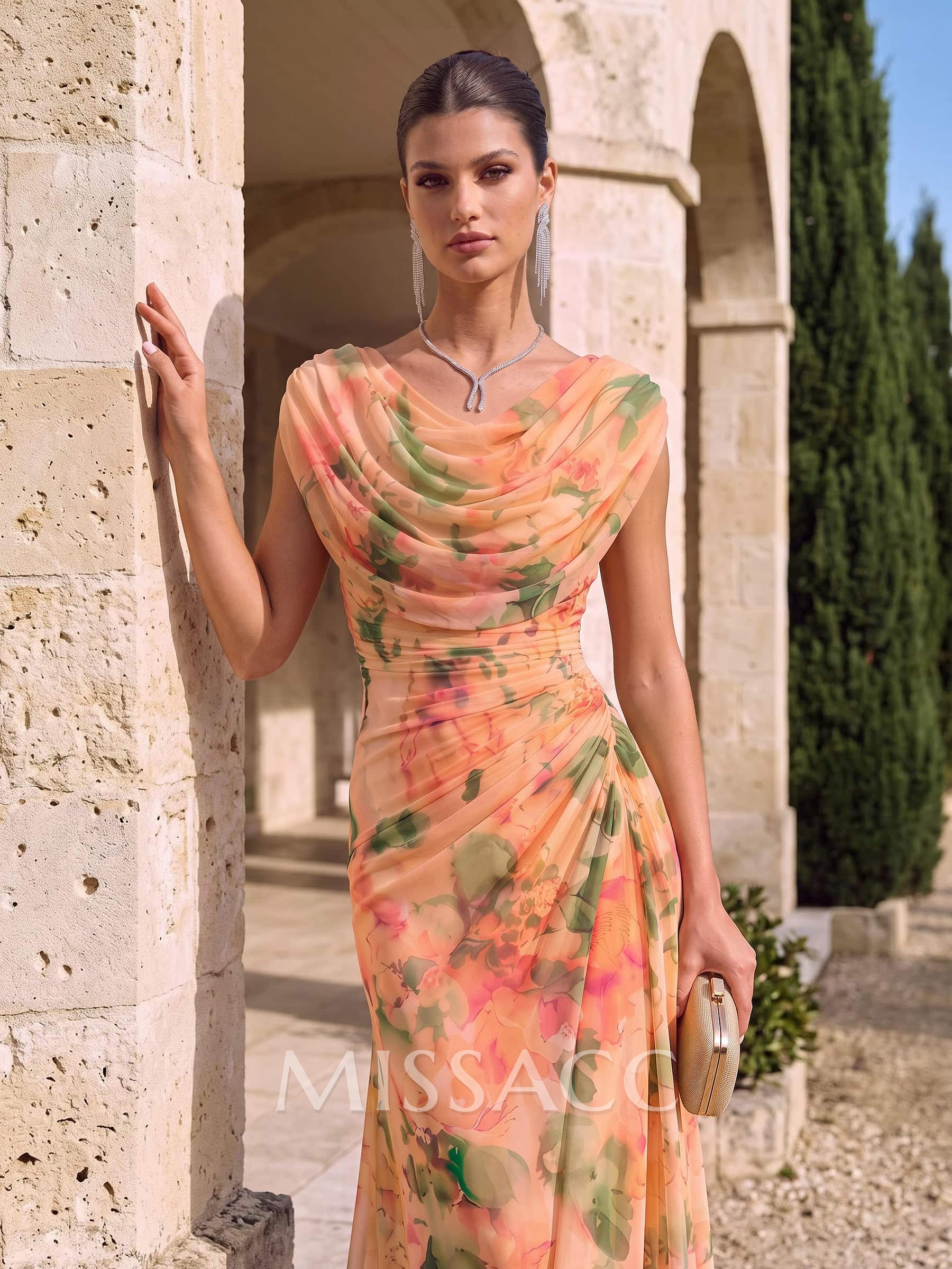 Sheath/Column Scoop Neck Short Sleeves Floor-Length Floral Chiffon Evening Dresses With Pleated/Floral-Print