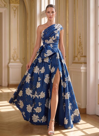 A-Line One-Shoulder Sleeveless Floor-Length Satin Evening Dresses With Bow/High Split/Floral-Print