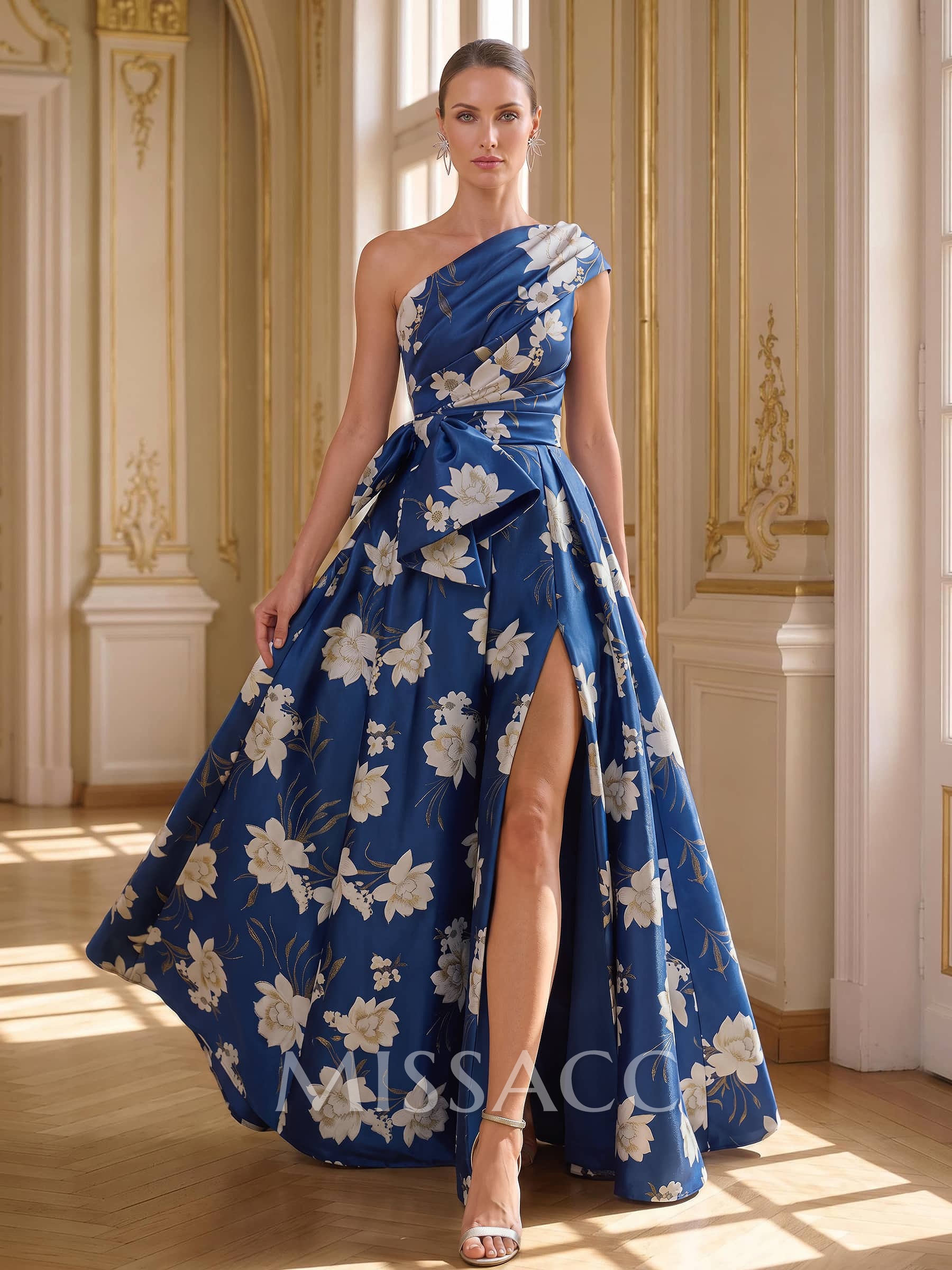 A-Line One-Shoulder Sleeveless Floor-Length Satin Evening Dresses With Bow/High Split/Floral-Print