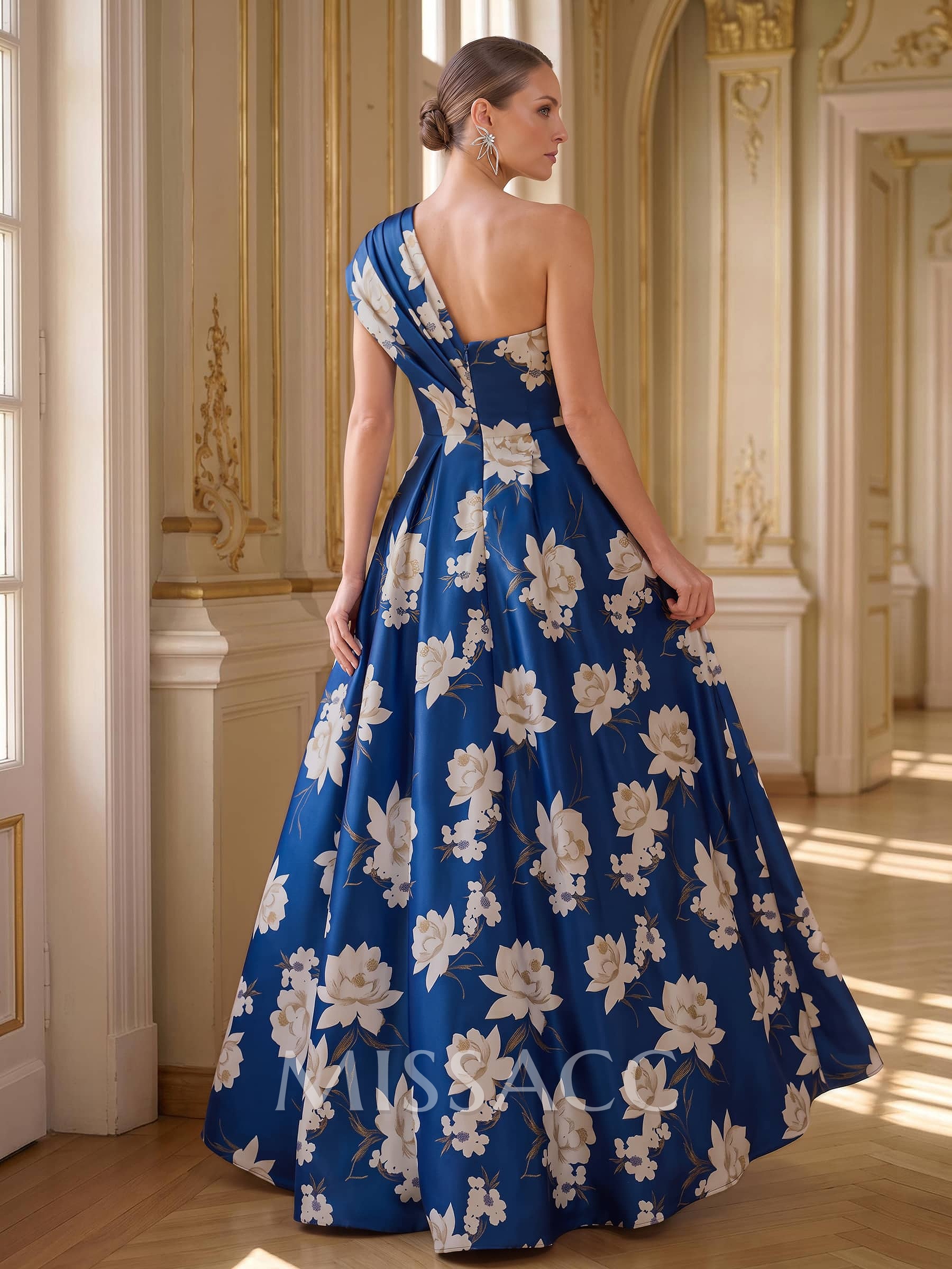 A-Line One-Shoulder Sleeveless Floor-Length Satin Evening Dresses With Bow/High Split/Floral-Print