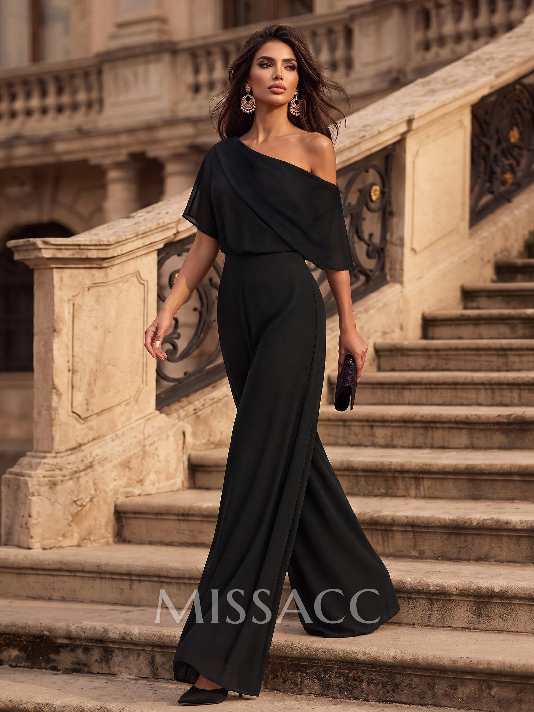 Jumpsuit/Pantsuit Asymmetrical Sleeveless Floor-Length Chiffon Evening Dresses