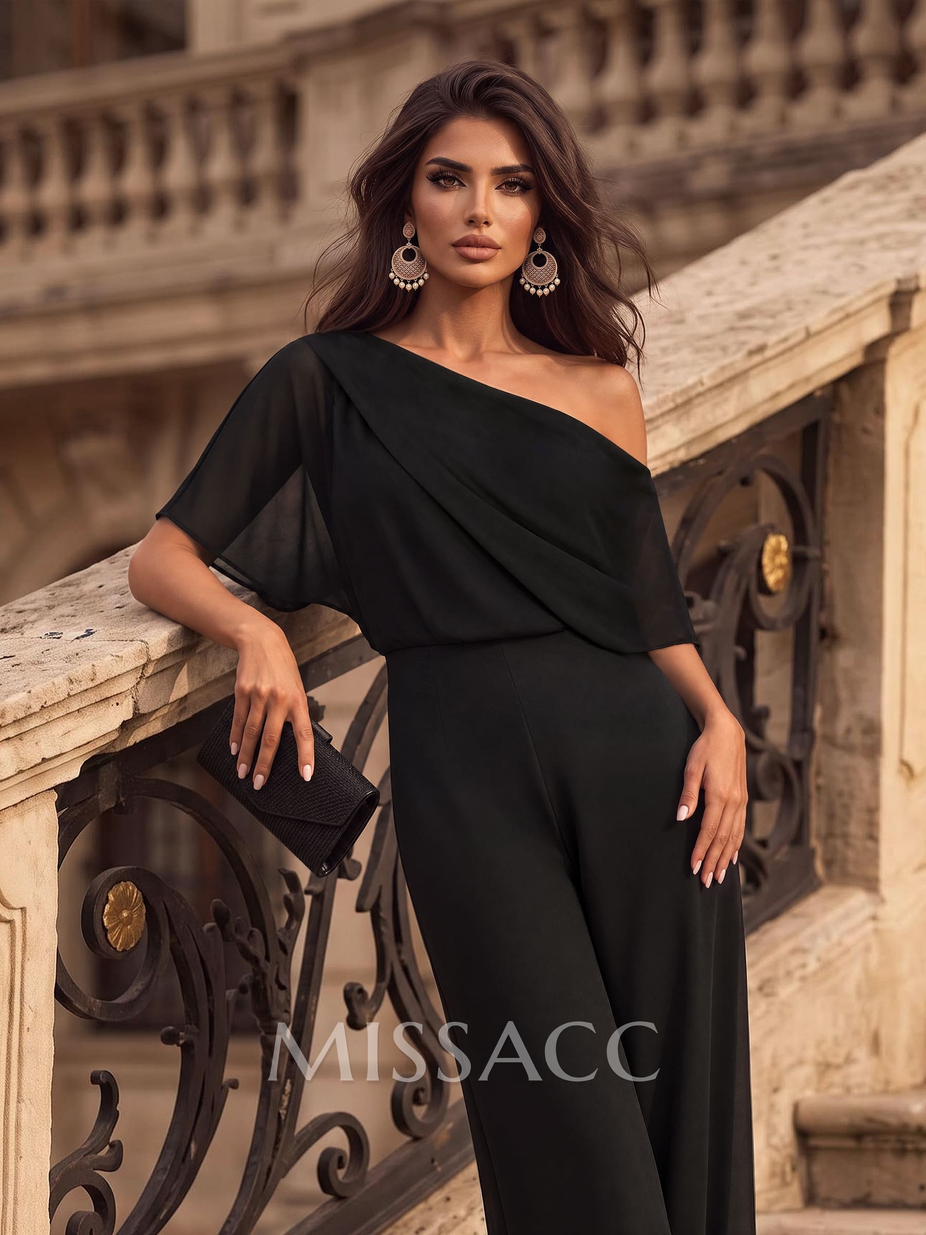 Jumpsuit/Pantsuit Asymmetrical Sleeveless Floor-Length Chiffon Evening Dresses