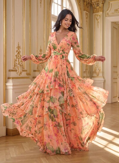 A-Line V-Neck Long Sleeves Floor-Length Floral Chiffon Evening Dresses With Sash/Tiered/Floral-Print
