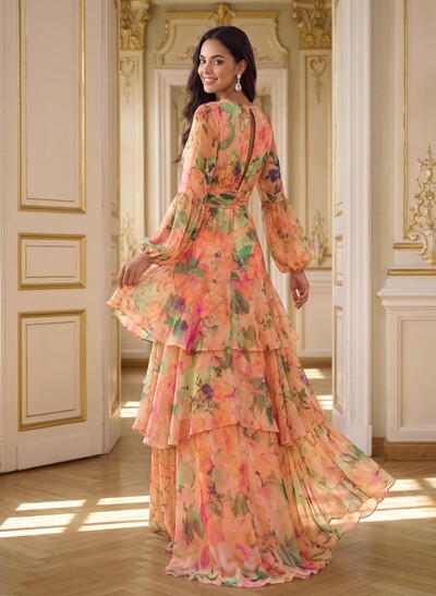 A-Line V-Neck Long Sleeves Floor-Length Floral Chiffon Evening Dresses With Sash/Tiered/Floral-Print