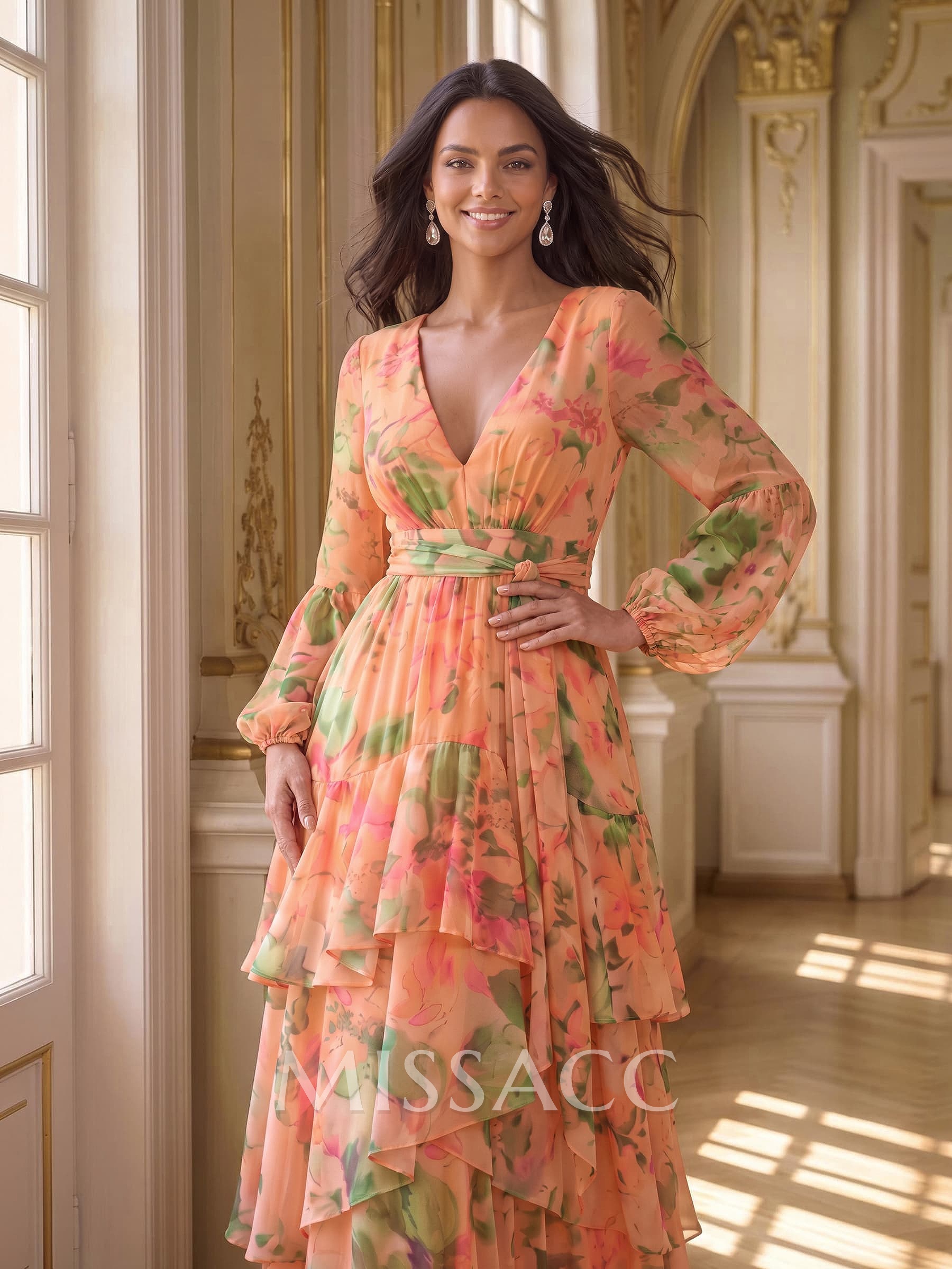 A-Line V-Neck Long Sleeves Floor-Length Floral Chiffon Evening Dresses With Sash/Tiered/Floral-Print