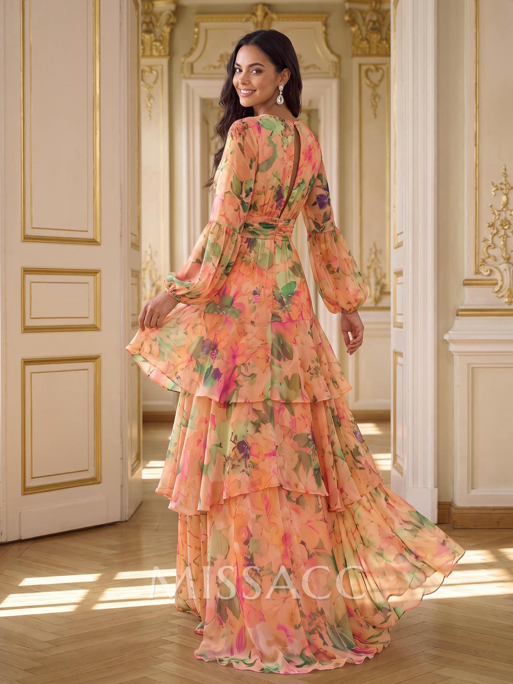A-Line V-Neck Long Sleeves Floor-Length Floral Chiffon Evening Dresses With Sash/Tiered/Floral-Print