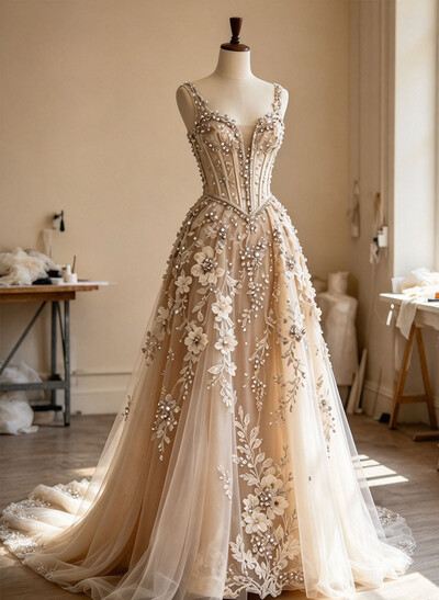 Ball-Gown Scoop Neck Sleeveless Sweep Train Satin/Tulle Evening Dresses With Sequins/Flower