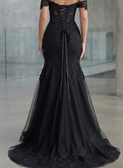 Sheath/Column Off-The-Shoulder Sleeveless Court Train Satin/Tulle Evening Dresses With Appliques Lace/High Split