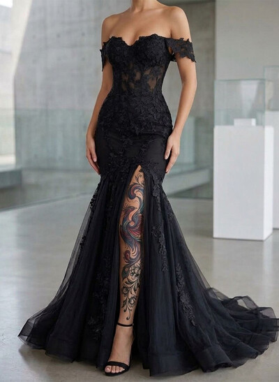 Sheath/Column Off-The-Shoulder Sleeveless Court Train Satin/Tulle Evening Dresses With Appliques Lace/High Split