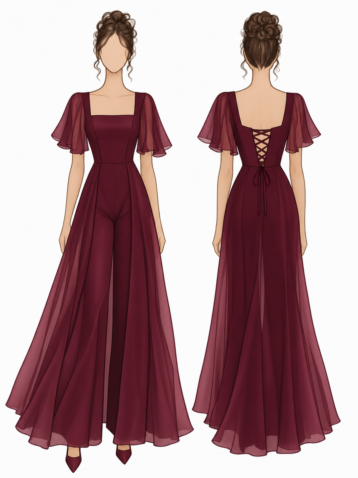Jumpsuit/Pantsuit Square Neckline Short Sleeves Floor-Length Chiffon Evening Dresses