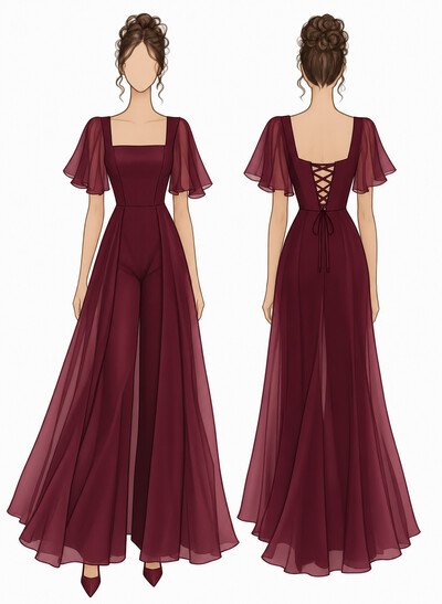 Jumpsuit/Pantsuit Square Neckline Short Sleeves Floor-Length Chiffon Evening Dresses