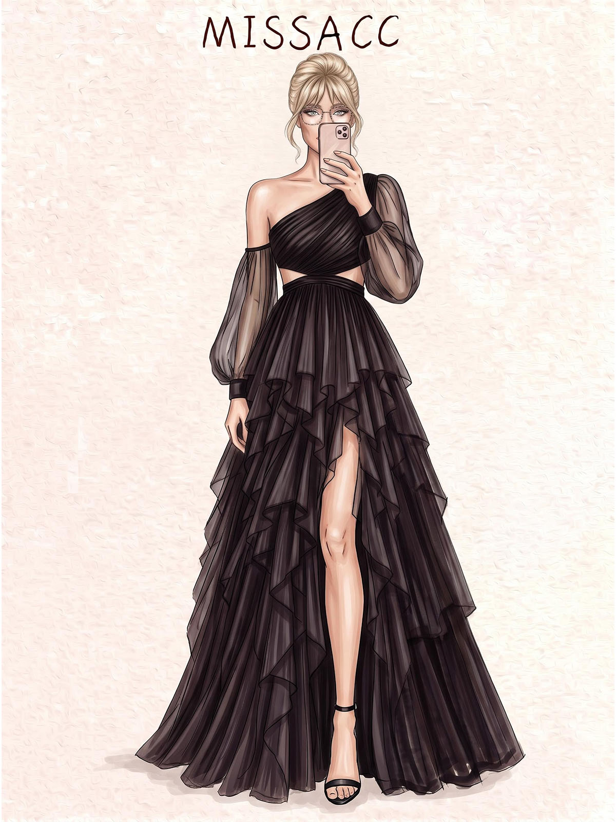 A-Line Asymmetric Long Sleeve Floor-Length Satin Evening Dresses With Cascading Ruffles/High Slit