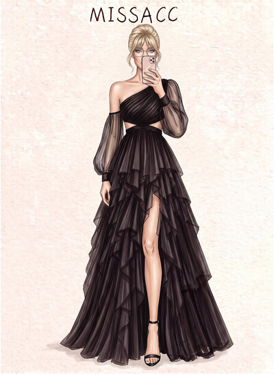A-Line Asymmetric Long Sleeve Floor-Length Satin Evening Dresses With Cascading Ruffles/High Slit