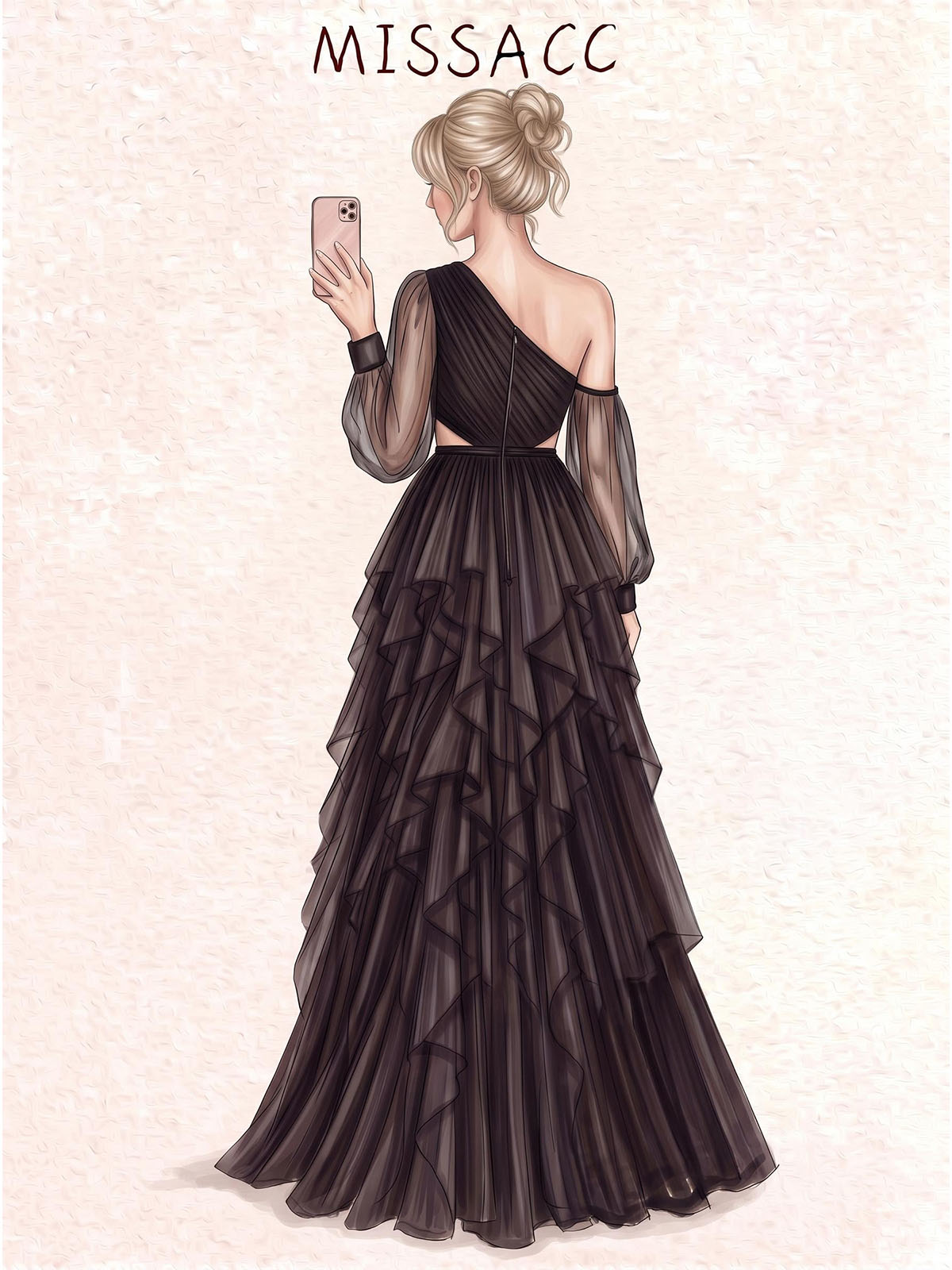 A-Line Asymmetric Long Sleeve Floor-Length Satin Evening Dresses With Cascading Ruffles/High Slit