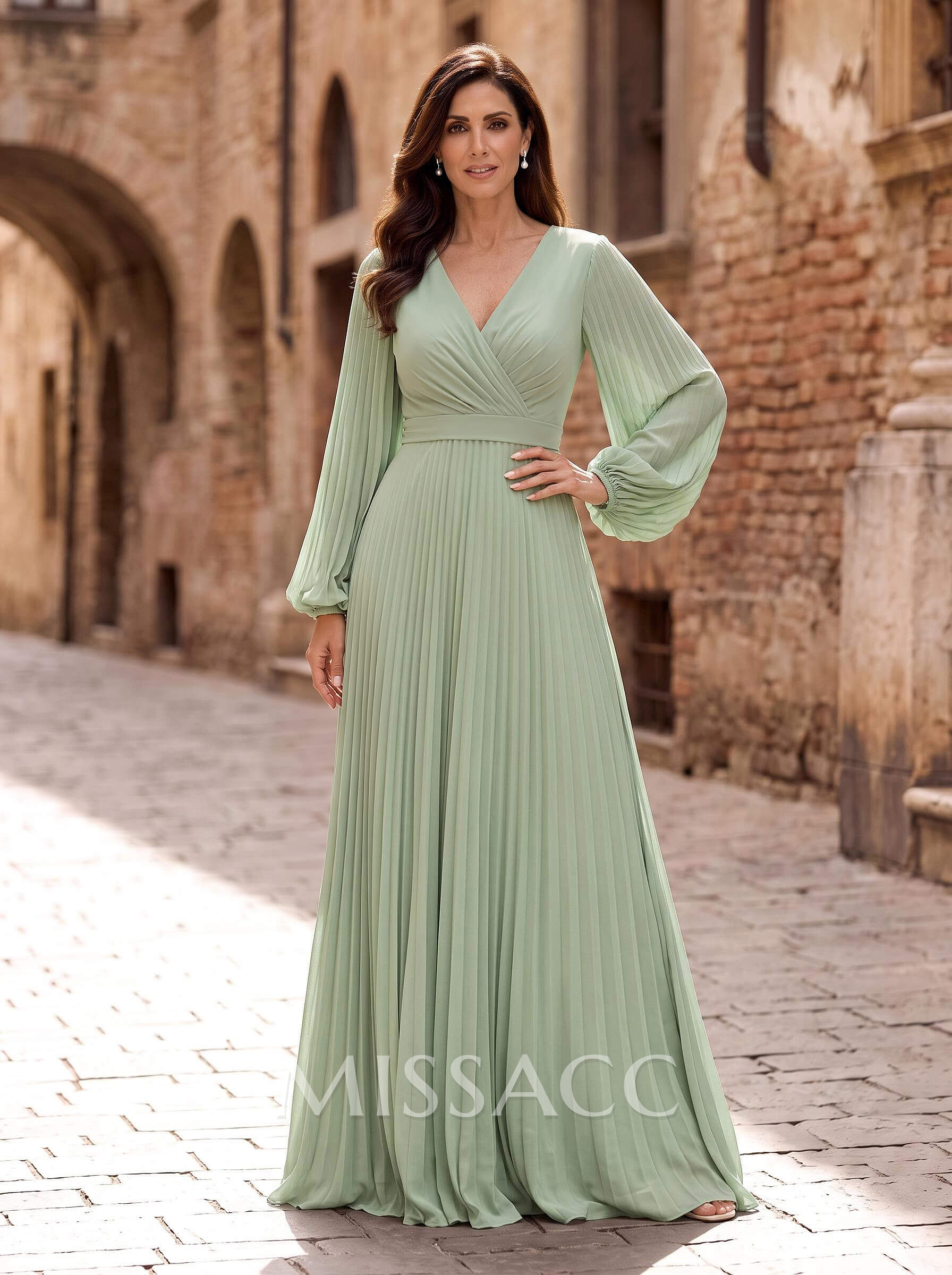 A-Line V-Neck Long Sleeves Floor-Length Chiffon Evening Dresses With Pleated/Sash