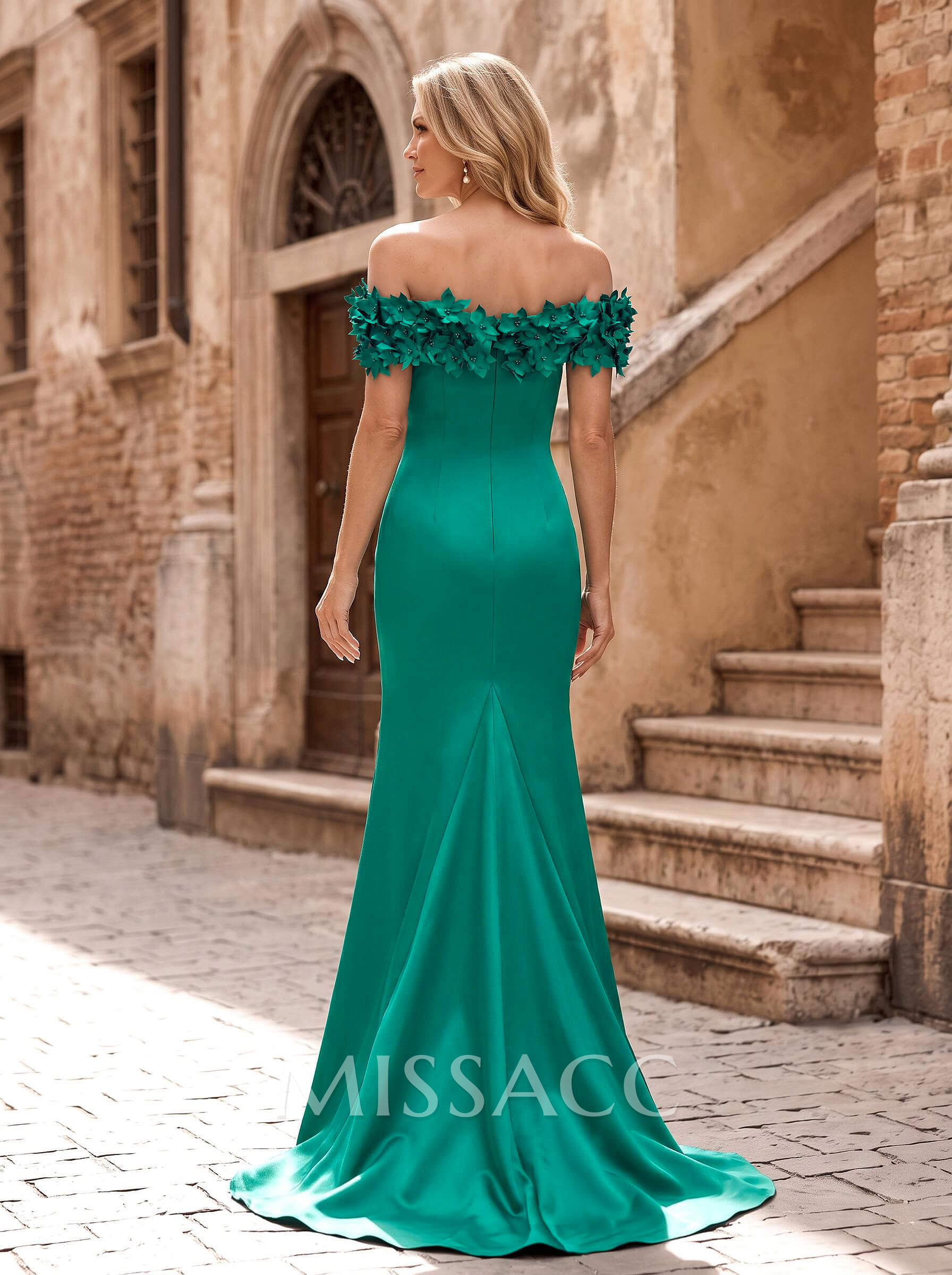 Trumpet/Mermaid Off-The-Shoulder Sleeveless Sweep Train Satin Evening Dresses With Flower