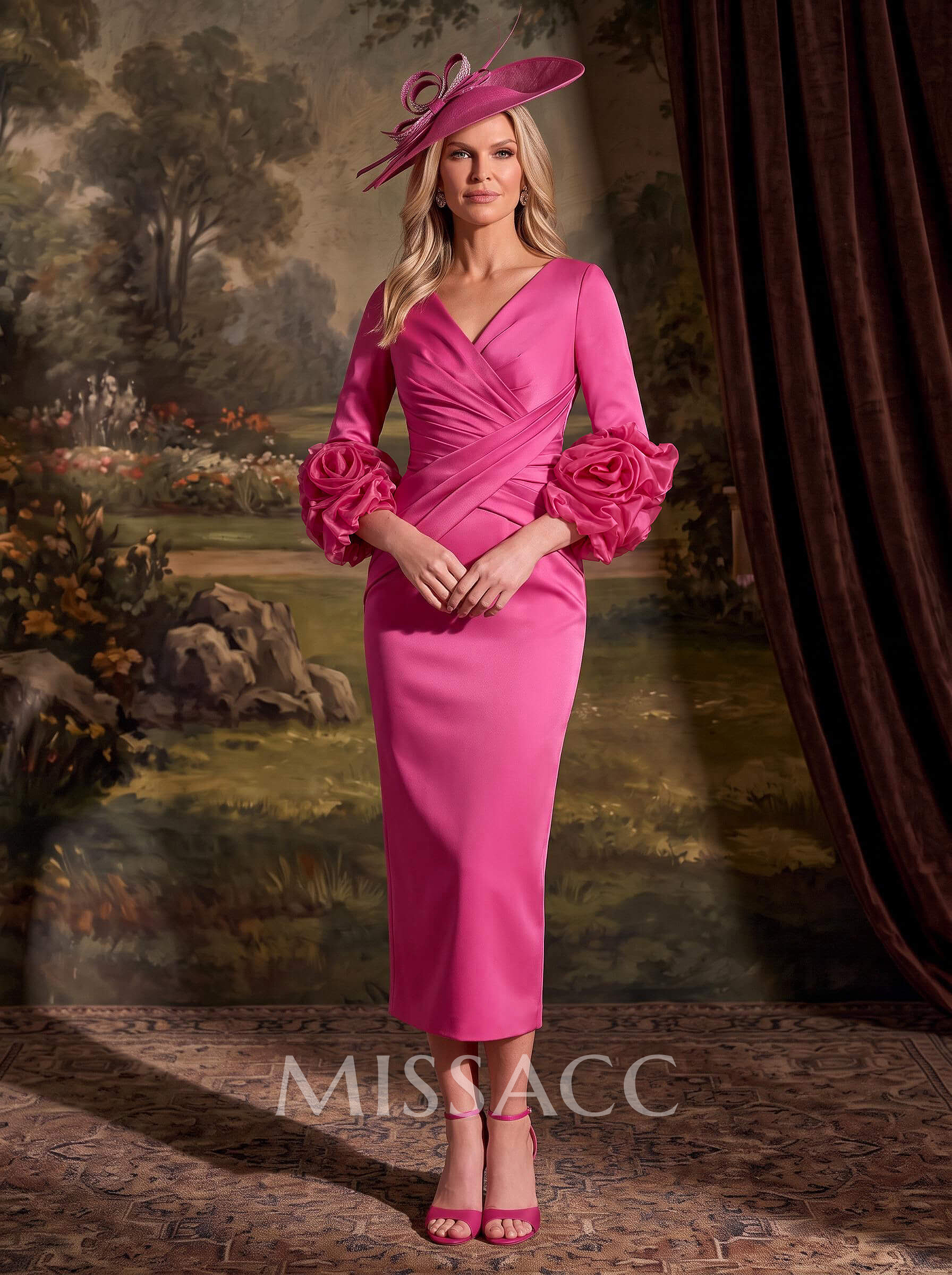 Sheath/Column V-Neck 3/4 Sleeves Tea-Length Crepe Satin Evening Dresses