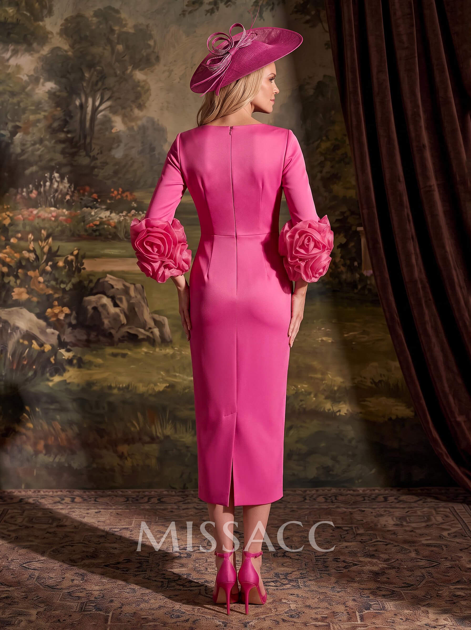 Sheath/Column V-Neck 3/4 Sleeves Tea-Length Crepe Satin Evening Dresses