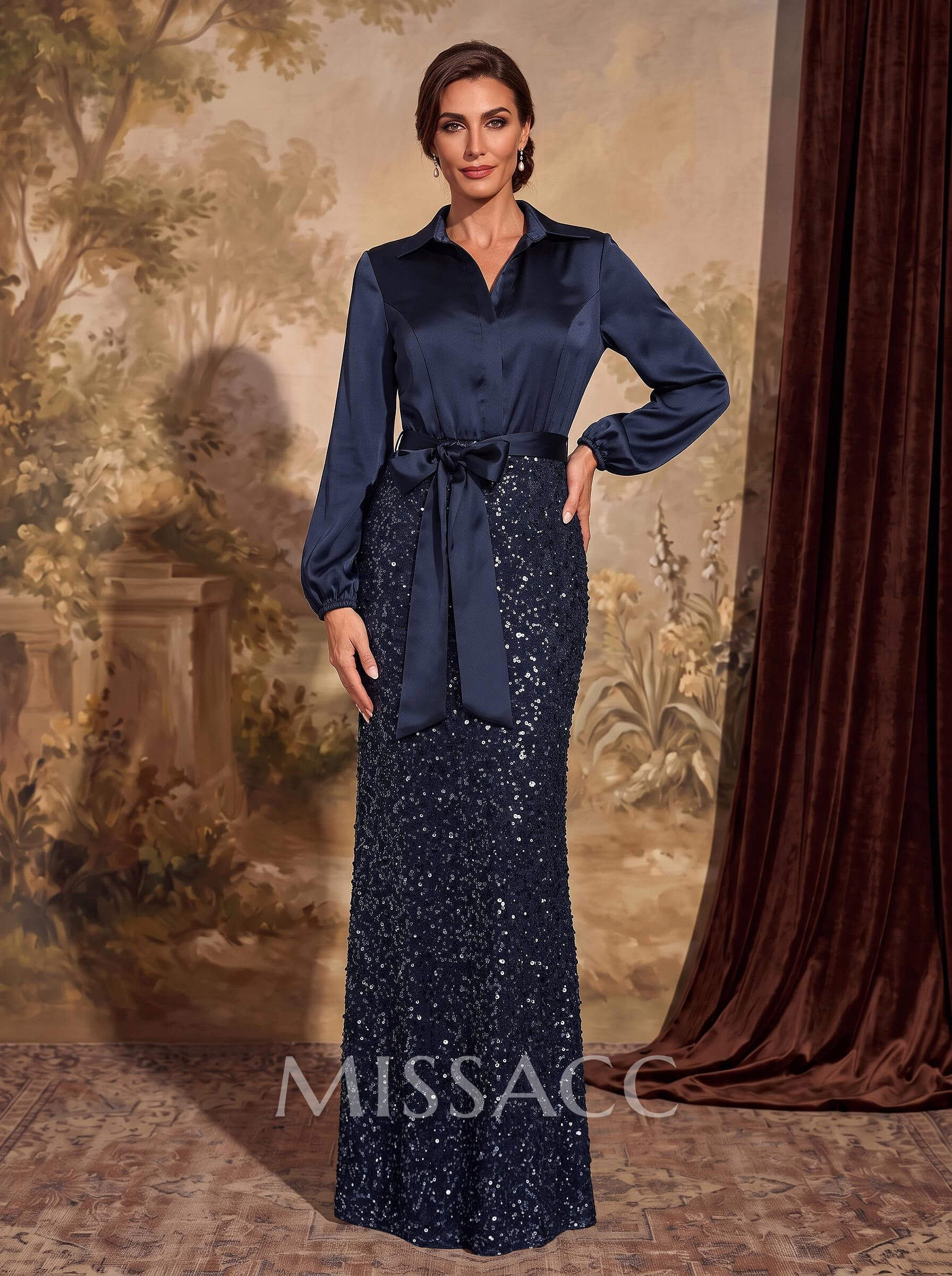 Sheath/Column V-Neck Long Sleeves Floor-Length Charmeuse Evening Dresses With Bow/Beading