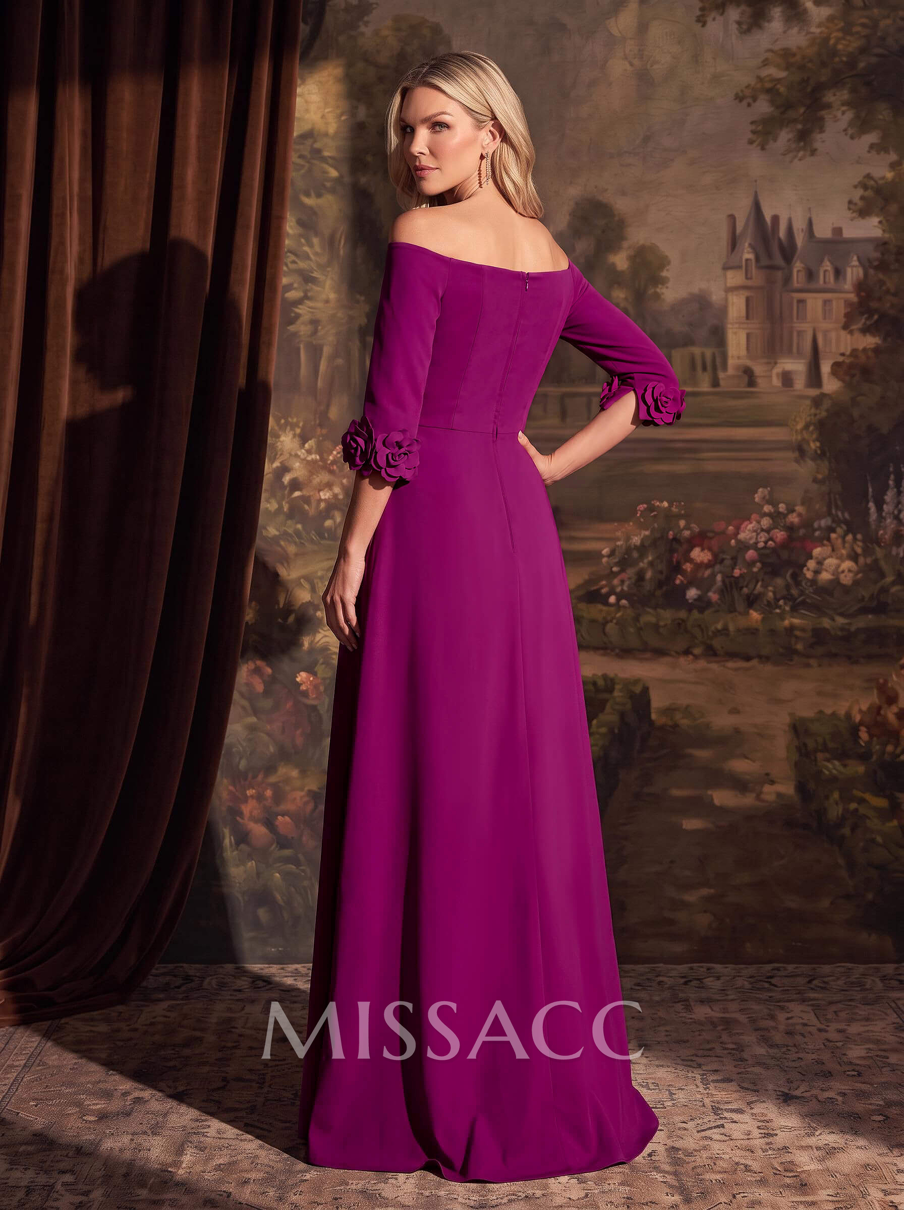 A-Line Off-The-Shoulder 1/2 Sleeves Floor-Length Elastic Satin Evening Dresses With Flower