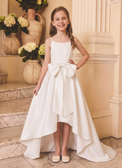 Ball-Gown Scoop Neck Sleeveless Asymmetrical Satin Flower Girl Dresses With Bow