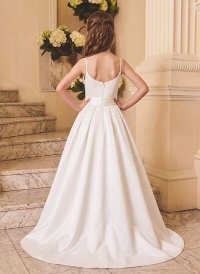 Ball-Gown Scoop Neck Sleeveless Asymmetrical Satin Flower Girl Dresses With Bow