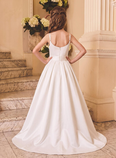 Ball-Gown Scoop Neck Sleeveless Asymmetrical Satin Flower Girl Dresses With Bow