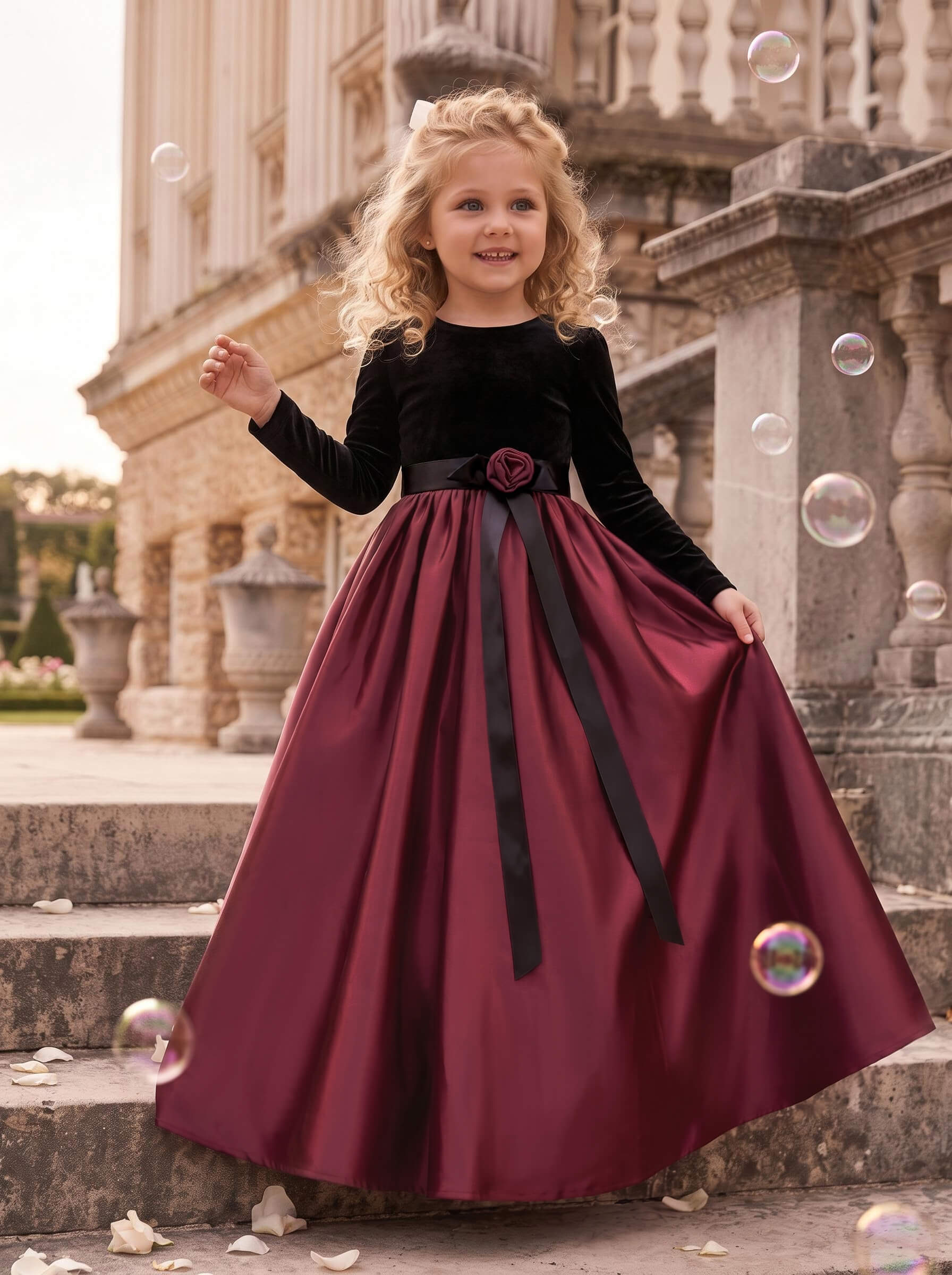 Ball-Gown Scoop Neck Long Sleeves Floor-Length Satin Flower Girl Dresses With Bow/Pleated/Sash