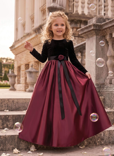 Ball-Gown Scoop Neck Long Sleeves Floor-Length Satin Flower Girl Dresses With Bow/Pleated/Sash