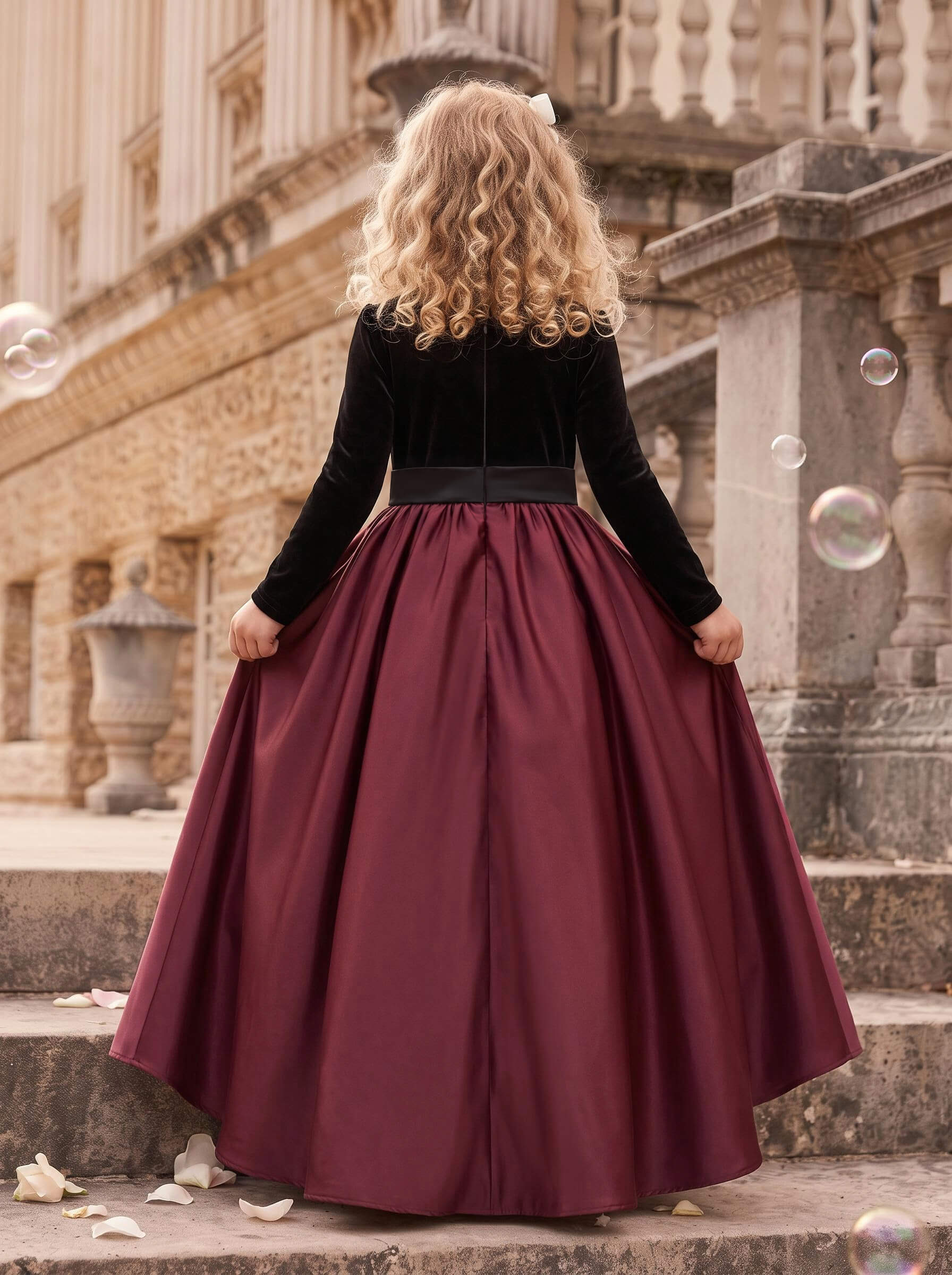 Ball-Gown Scoop Neck Long Sleeves Floor-Length Satin Flower Girl Dresses With Bow/Pleated/Sash