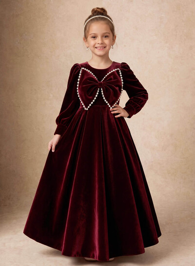 Floor-Length Velvet Ballgown Flower Girl Dresses With Scoop Neck, Long Sleeves And Bow/Beading Detail