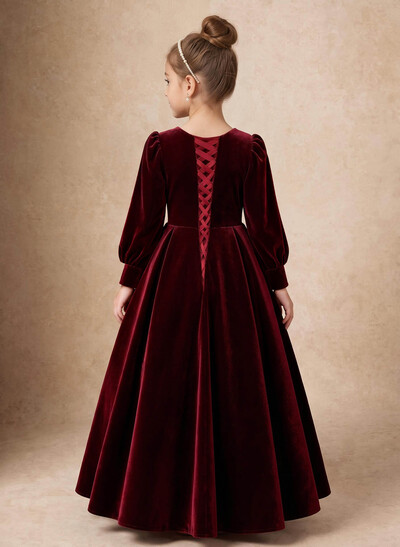 Floor-Length Velvet Ballgown Flower Girl Dresses With Scoop Neck, Long Sleeves And Bow/Beading Detail