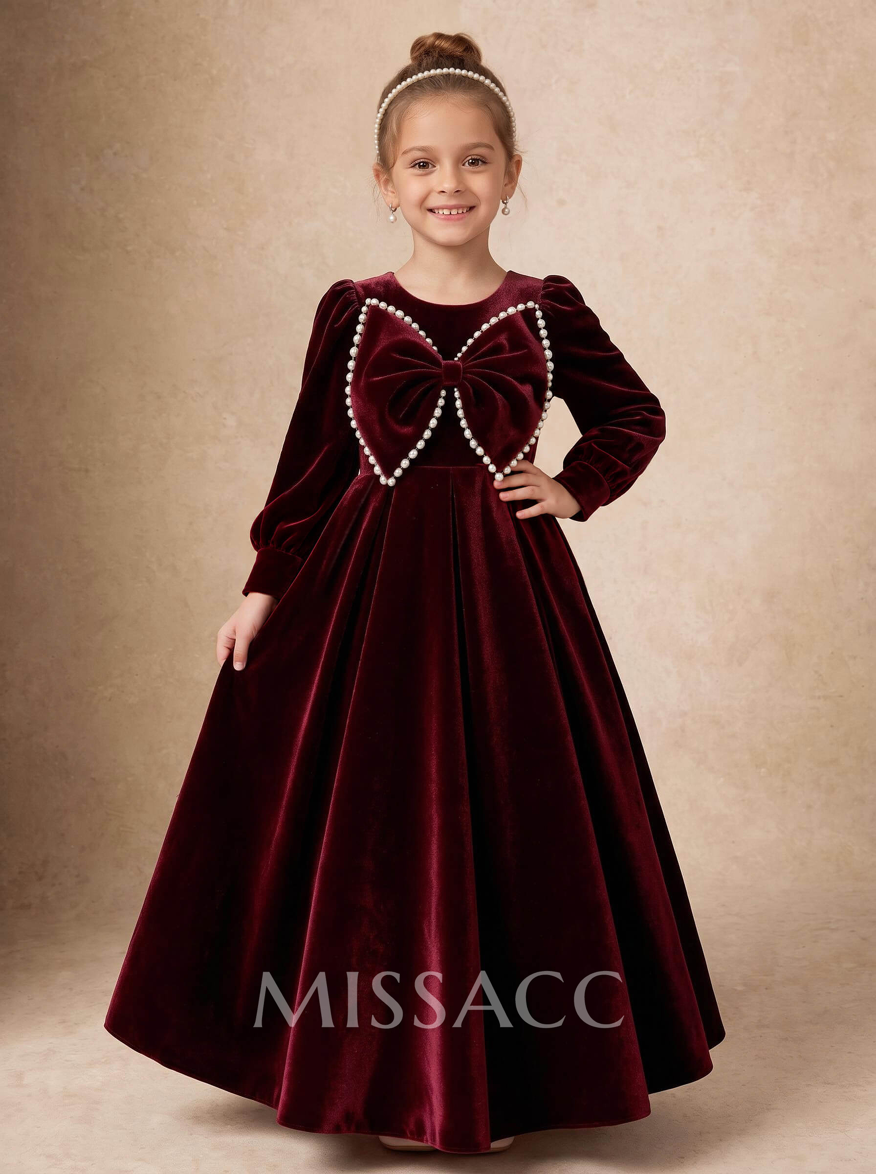 Floor-Length Velvet Ballgown Flower Girl Dresses With Scoop Neck, Long Sleeves And Bow/Beading Detail