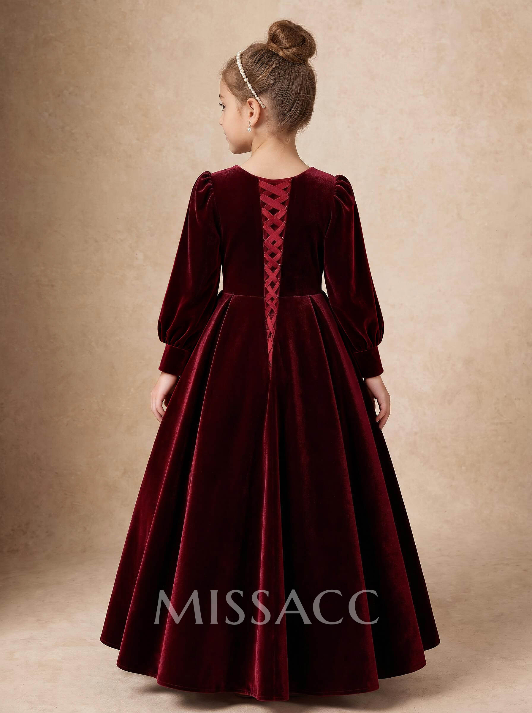 Floor-Length Velvet Ballgown Flower Girl Dresses With Scoop Neck, Long Sleeves And Bow/Beading Detail