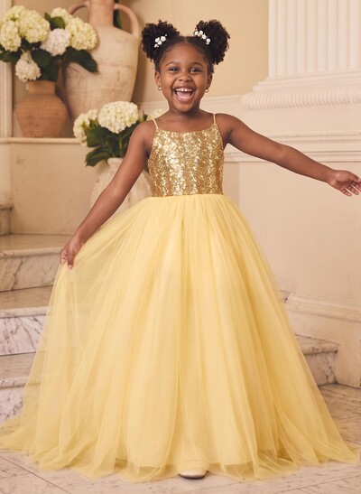 Ball-Gown Scoop Neck Sleeveless Sweep Train Satin/Tulle Flower Girl Dresses With Bow/Sequins