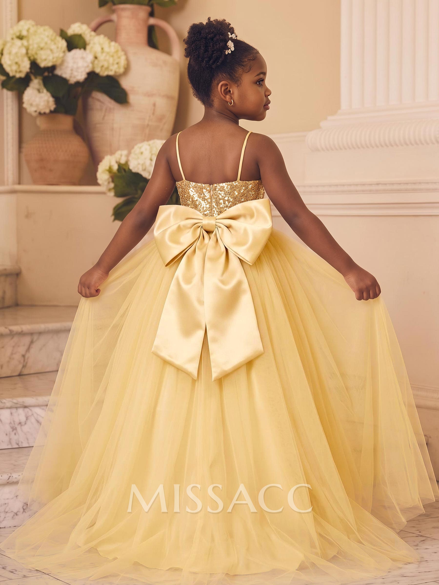Ball-Gown Scoop Neck Sleeveless Sweep Train Satin/Tulle Flower Girl Dresses With Bow/Sequins