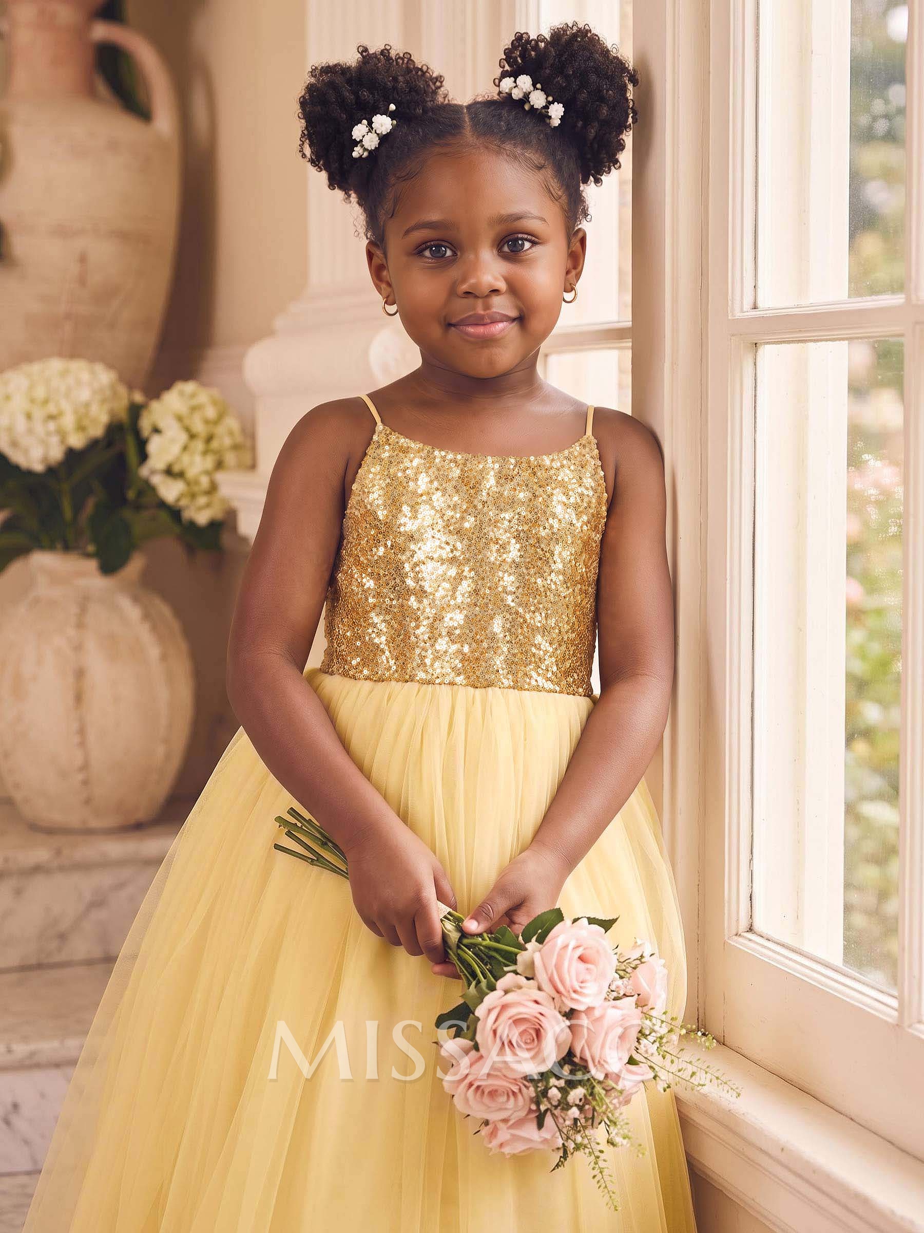Ball-Gown Scoop Neck Sleeveless Sweep Train Satin/Tulle Flower Girl Dresses With Bow/Sequins