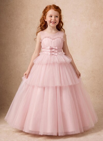 Ballgown Scoop Neck Sleeveless Floor-Length Satin And Tulle Flower Girl Dresses With Bow And Tiered Skirt