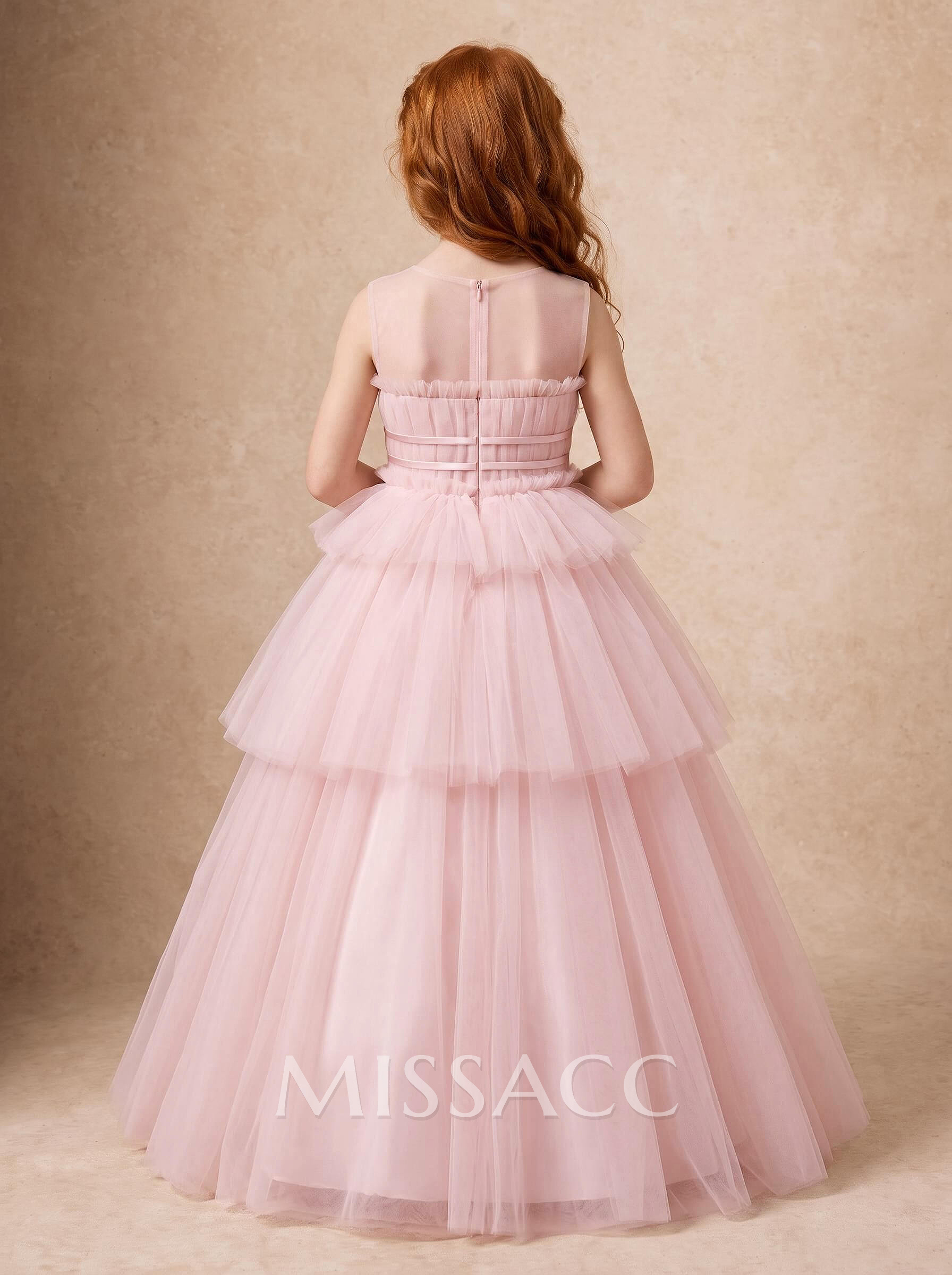 Ballgown Scoop Neck Sleeveless Floor-Length Satin And Tulle Flower Girl Dresses With Bow And Tiered Skirt